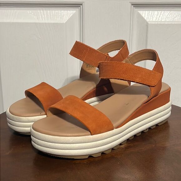 🔥🔥 SOREL Womens Cameron Flatform Orange Ankle Strap Sandals Sz 10 - EUC - Picture 1 of 9